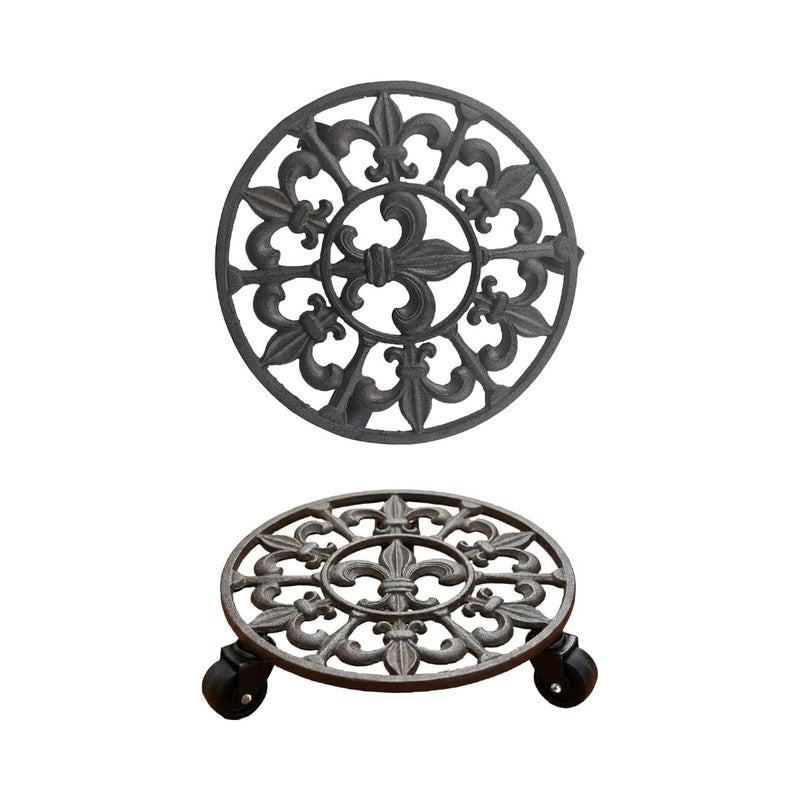 Comfy Hour Rustic Style Collection Cast Iron Spike Garden Plant Trolley Flowerpot Holder,11" with Heavy Duty Super Strong Industrial Strength Iron Wheels - Image 1